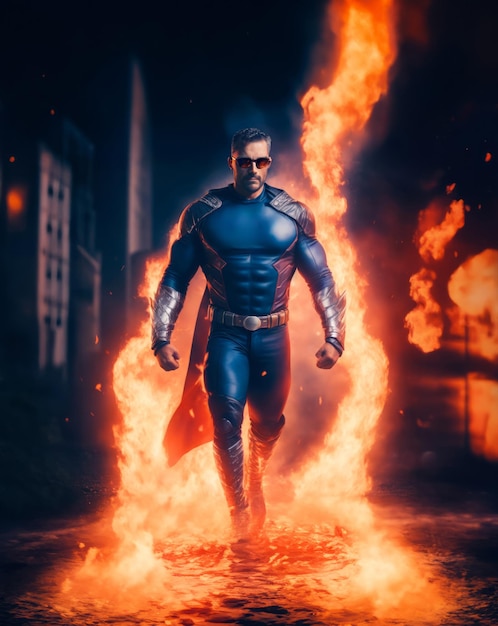 Homem branco super-herói de terno azul e capa vermelha se afastando do fogo pôster de quadrinhos épicos de super-heróis ou cena de filme de ação espaço de cópia gerado por IA