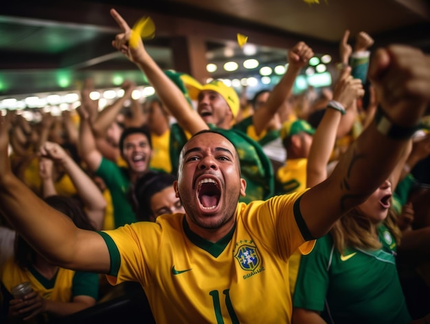 Foto homem brasileiro celebra a vitória de sua equipe de futebol