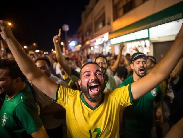 Foto homem brasileiro celebra a vitória de sua equipe de futebol