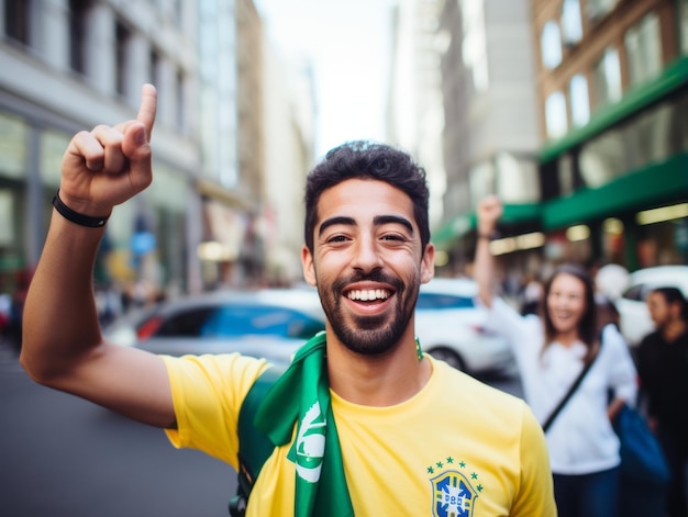 Foto homem brasileiro celebra a vitória de sua equipe de futebol