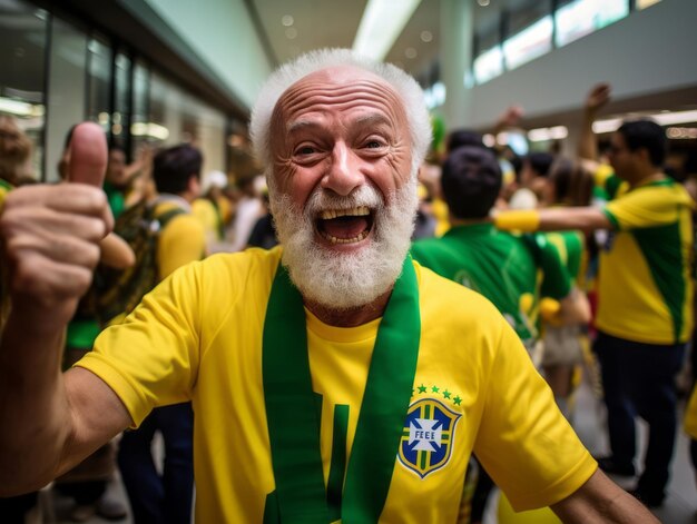 Foto homem brasileiro celebra a vitória de sua equipe de futebol
