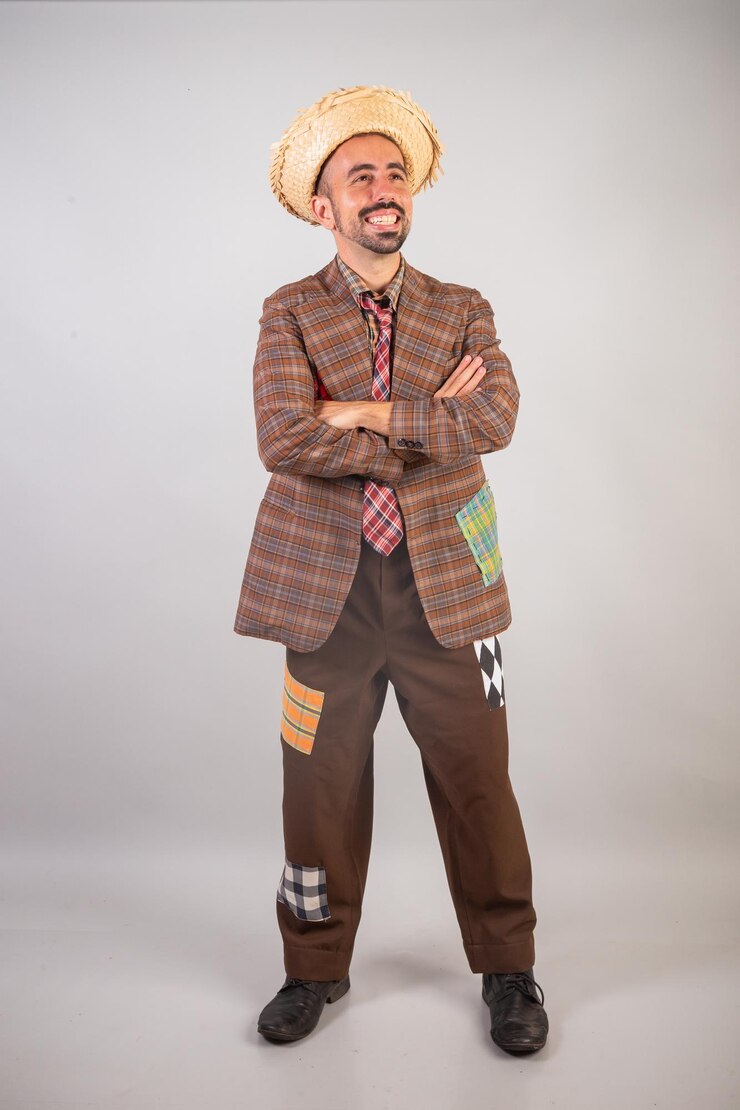 Foto homem brasileiro vestindo roupas de festa junina arraial festa de são joão retrato vertical