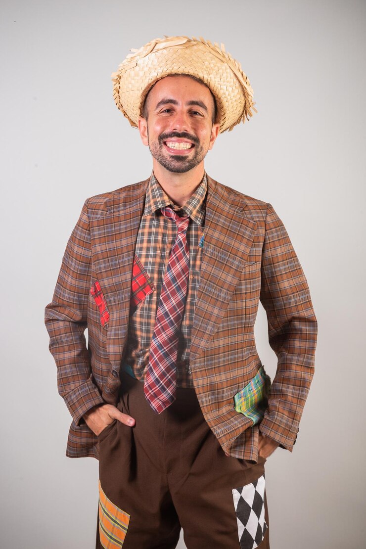 Foto homem brasileiro vestindo roupas de festa junina arraial festa de são joão retrato vertical