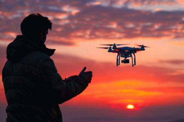 Homem brincando com silhueta de drone contra o céu ao pôr do sol