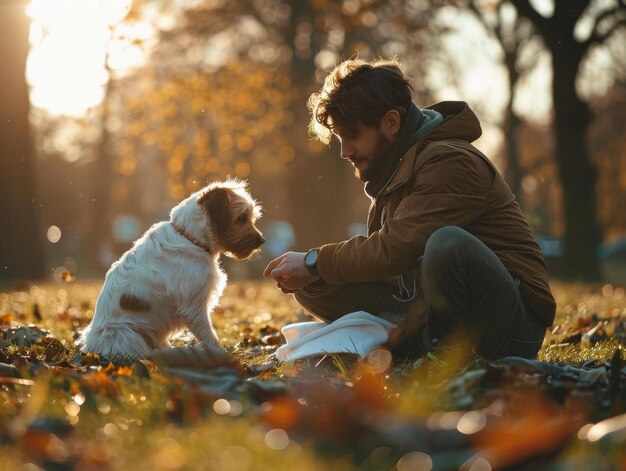 Foto homem brincando com um cão no parque