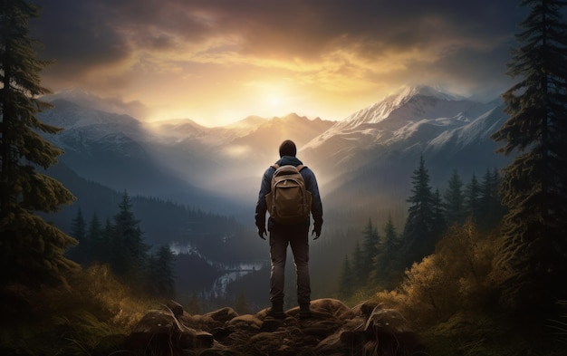 Homem caminhando ao nascer do sol para a montanha com mochila pesada viagem solo aventura conceito de férias