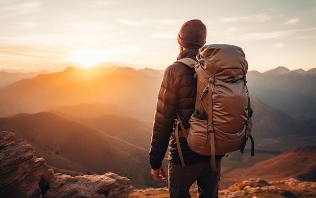 Homem caminhando ao nascer do sol para a montanha com mochila pesada viagem solo aventura conceito de férias