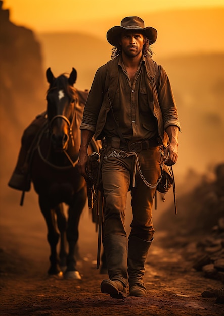 Foto homem caminhando cavalo estrada de terra cidade promocional cabelo fogo cline baú vestindo roupas de caverna quebrado