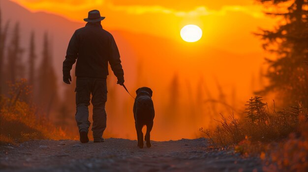 Foto homem caminhando com o cão na trilha ao pôr-do-sol