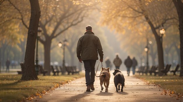 Homem caminhando com seus cães em um parque