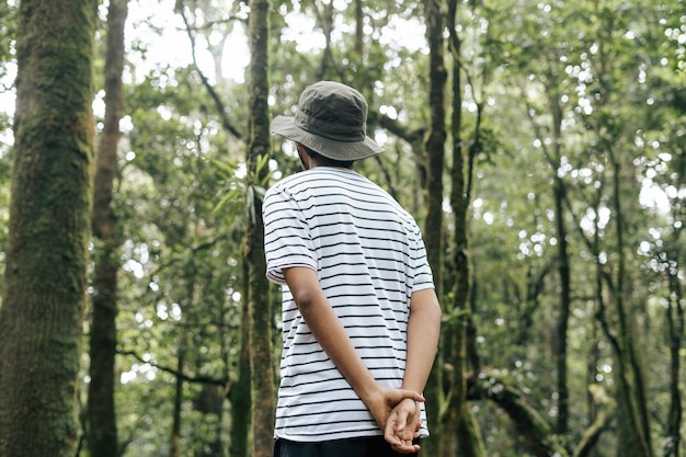 Homem caminhando em uma floresta de chapéu