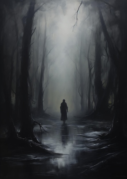 homem caminhando floresta névoa horror monocromático óleo camas profundas sombras filme caminho traiçoeiro para