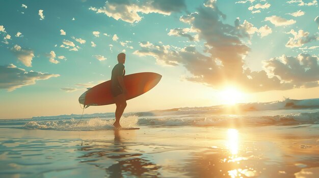 Foto homem caminhando na praia com uma prancha de surf ao pôr do sol