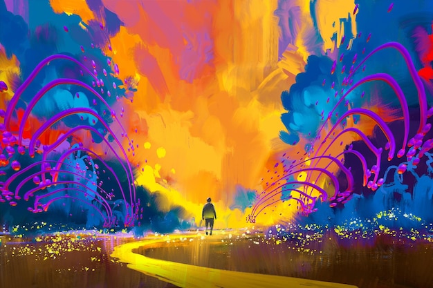 homem caminhando para uma paisagem colorida abstrata, pintura de ilustração