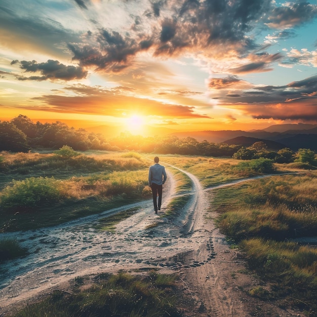 Foto homem caminhando pela estrada de terra ao pôr-do-sol