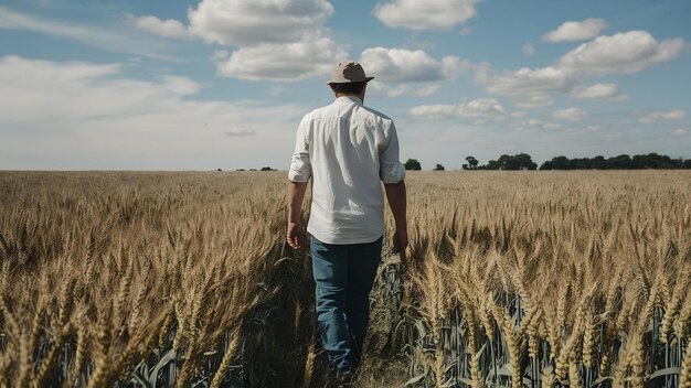 Foto homem caminhando por um campo de trigo