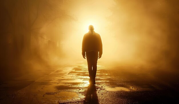 Homem caminhando por uma rua no nevoeiro