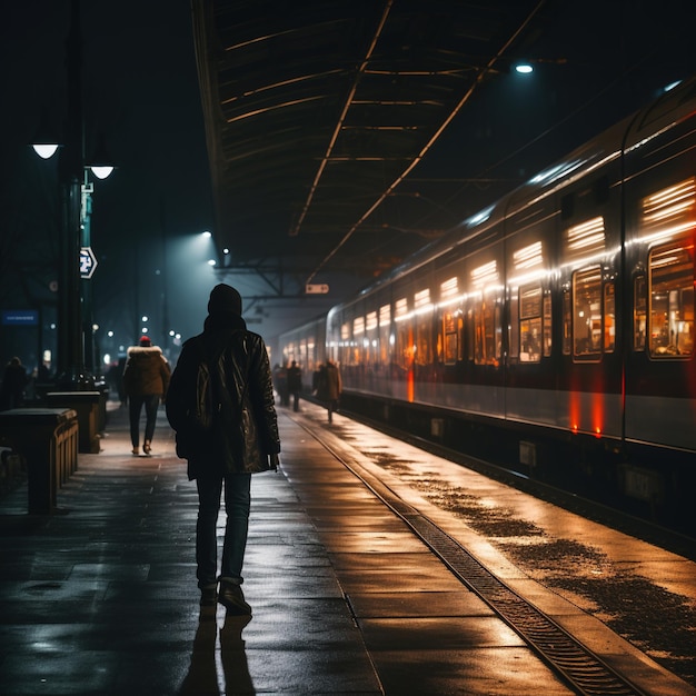 Homem caminhando sozinho à noite em uma plataforma de estação de trem