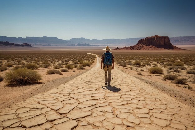 Homem caminhando sozinho no vasto deserto selvagem