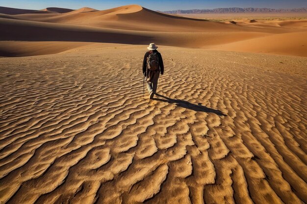 Homem caminhando sozinho no vasto deserto selvagem