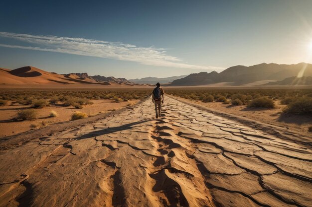 Foto homem caminhando sozinho no vasto deserto selvagem