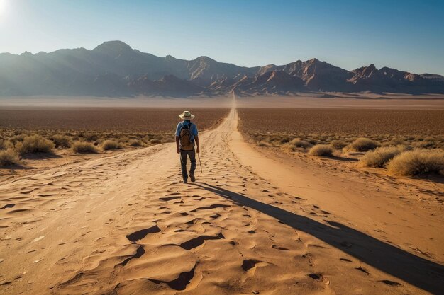 Foto homem caminhando sozinho no vasto deserto selvagem