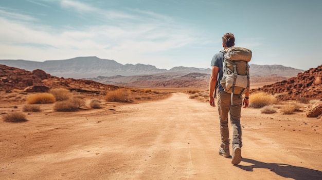 Foto homem caminhante com o corpo inteiro visto por trás caminhando no deserto