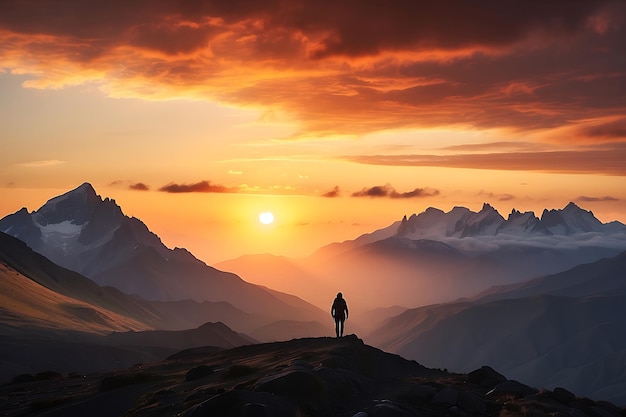 Homem caminhante de pé no topo de uma montanha e olhando para o pôr do sol Homem no topo da montanha