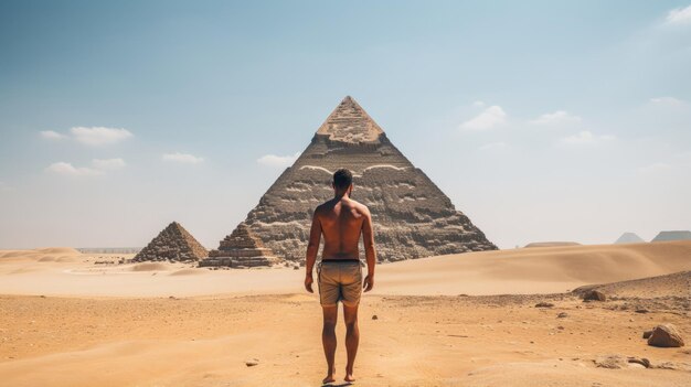 Homem caminhante full body view de trás de pé em frente a uma grande pirâmide no meio do deserto