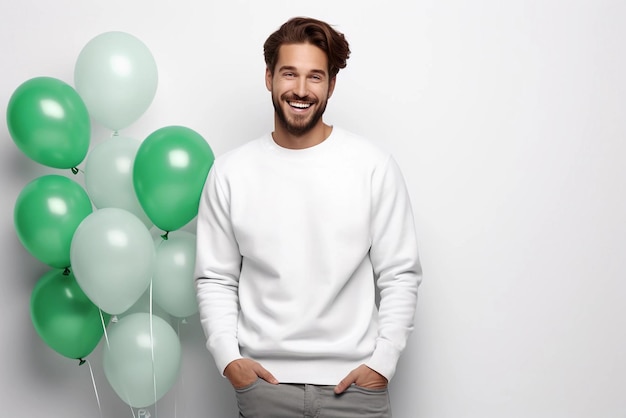 Foto homem camisola branca patrick dia maquete homem bonito com barba em camisola branca maquete