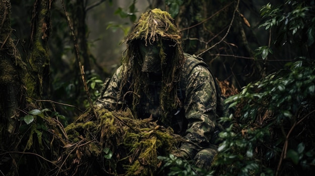 Homem camuflado em pé na floresta