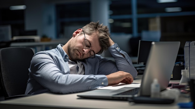 Homem cansado do trabalho dorme em sua mesa no escritório