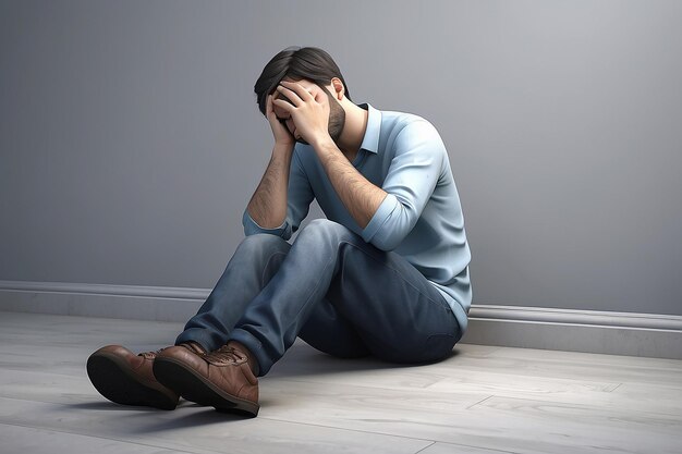 Homem cansado está sentado no chão