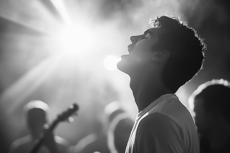 Foto homem cantando em um festival tons brancos ar 32 v 61 id de trabalho bd6f5b98202f44b48735876df512810e