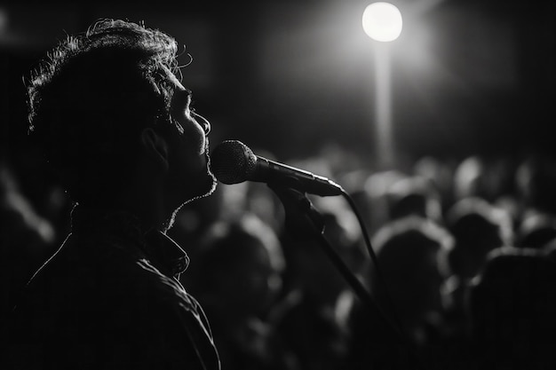 Homem cantando no microfone em preto e branco