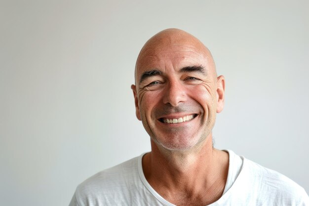 homem careca feliz sem problemas de cabelo em fundo branco