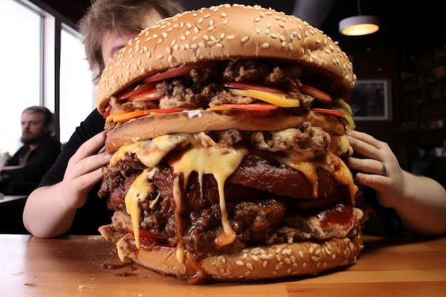 Foto homem carnívoro come um hambúrguer enorme gerar ai