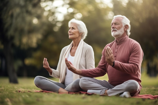 Homem casal ioga aptidão saúde lotus meditação pose sênior exercício esporte IA generativa