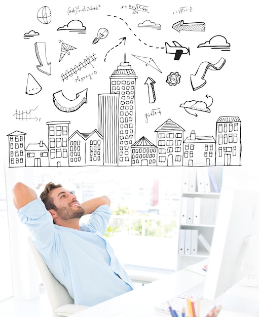 Homem casual descansando com as mãos atrás da cabeça no escritório contra doodle de paisagem urbana