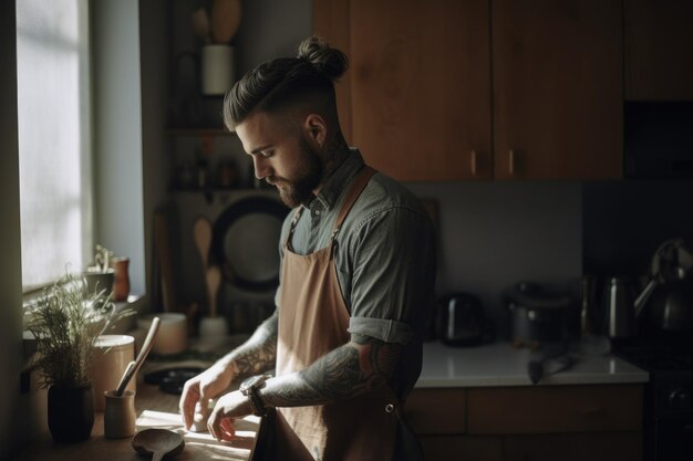 Homem caucasiano americano adulto cozinhando em traje de chef de avental de cozinha Generative AI AIG23