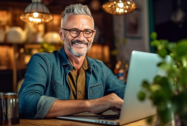 Foto homem caucasiano atraente e maduro sentado em frente a um laptop sorrindo