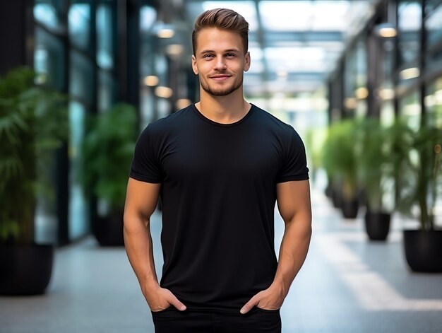 Homem caucasiano atraente usando maquete de camiseta preta vazia em branco para modelo de design