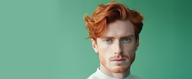 Homem caucasiano bonito, elegante e sexy com pele perfeita e cabelo vermelho em verde claro.
