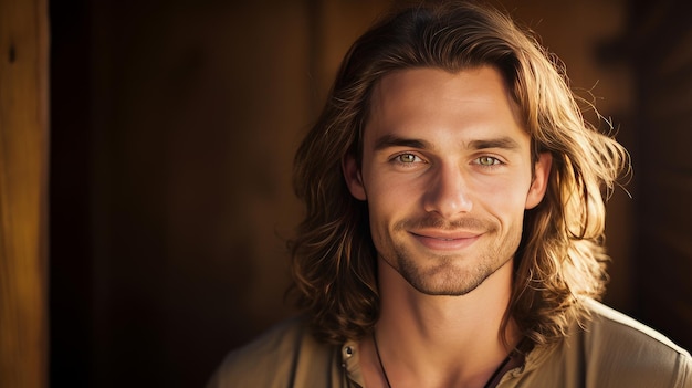 Homem caucasiano bonito, elegante, sexy e sorridente com pele perfeita e cabelo longo em um close-up de bandeira de fundo amarelo