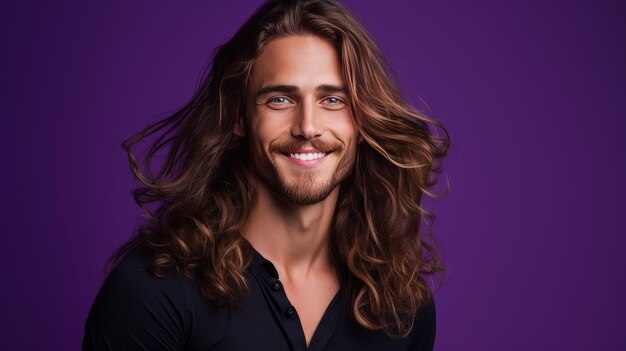 Homem caucasiano bonito, elegante, sexy, sorridente, com pele perfeita e cabelo longo, em close-up de banner de fundo roxo.