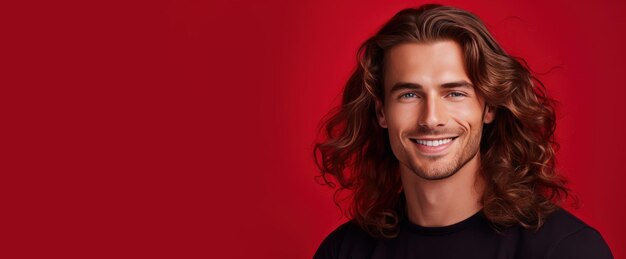 Homem caucasiano bonito, elegante, sexy, sorridente, com pele perfeita e cabelo longo, em close-up de banner de fundo vermelho.