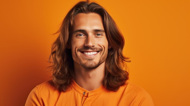 Homem caucasiano bonito, elegante, sexy, sorridente, com pele perfeita e cabelo longo sobre um fundo laranja.