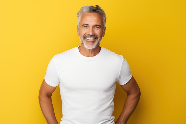 Homem caucasiano bonito, sorridente, de meia-idade, vestindo camiseta branca isolada em um fundo amarelo