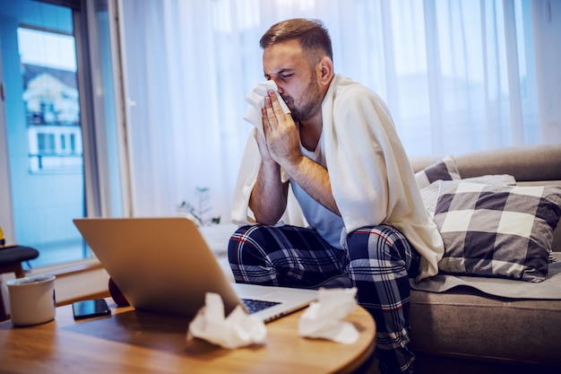Homem caucasiano com barba bonito doente de pijama coberto com manta, sentado no sofá na sala de estar e assoar o nariz.