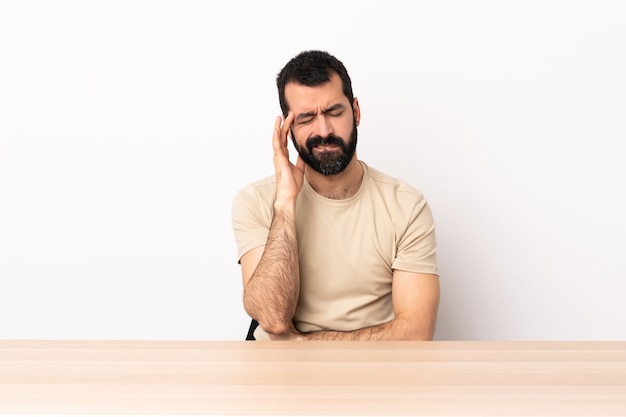 Homem caucasiano com barba em uma mesa com dor de cabeça